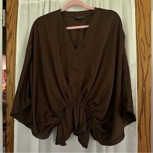 Draped V-Neck Drawstring Blouse in Chocolate Brown